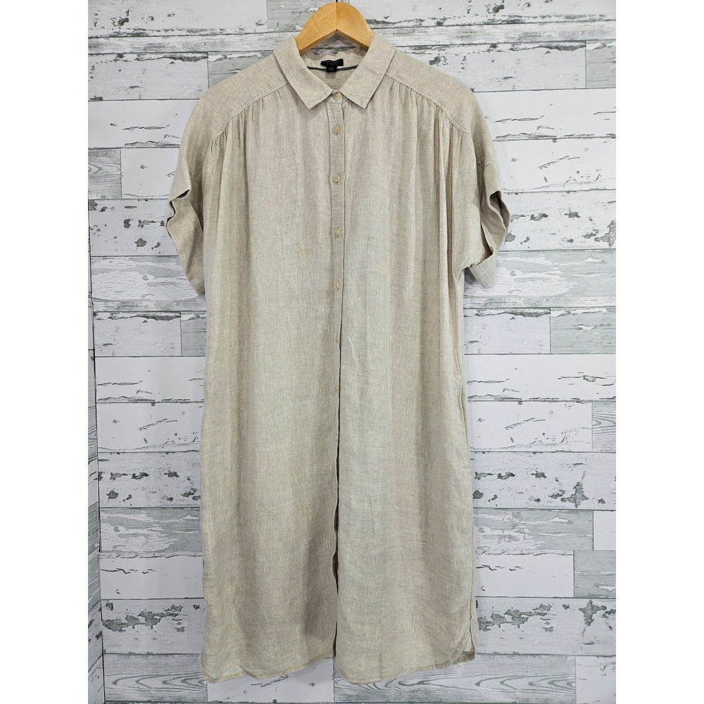 J Crew Baird McNutt Irish Linen Shirt Dress Beige Oatmeal Button Front Midi M